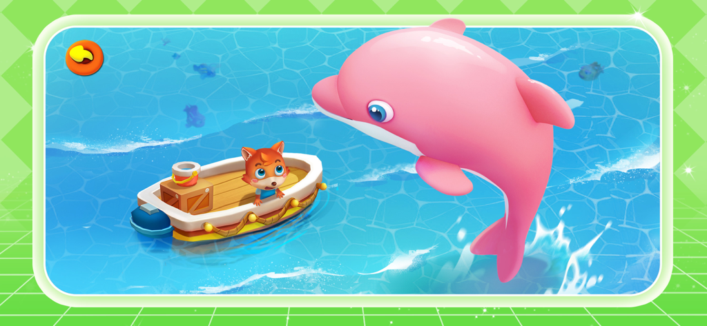 Ein Cartoon-Fuchs in einem kleinen Boot neben einem springenden rosa Delfin im Meer