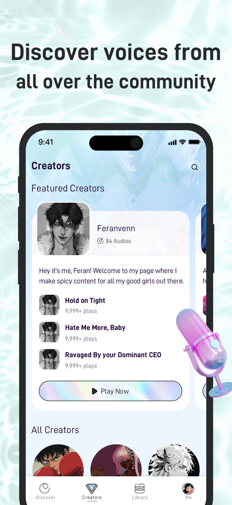 MagicWave: Spicy Audio Stories - MagicWave app screen showing featured creators and spicy audio story titles with anime style artwork
