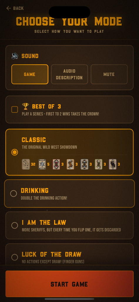 Cardy Cardy Flip Game - Game mode selection screen for Cardy Cardy Flip showing Classic and Drinking options with a Wild West aesthetic