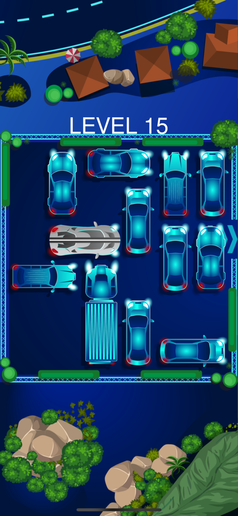 Top-down view of Level 15 in a car parking logic puzzle game