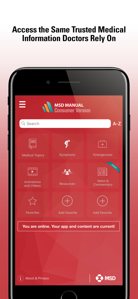 MSD Manual Consumer - MSD Manual Consumer app home screen showing medical information categories