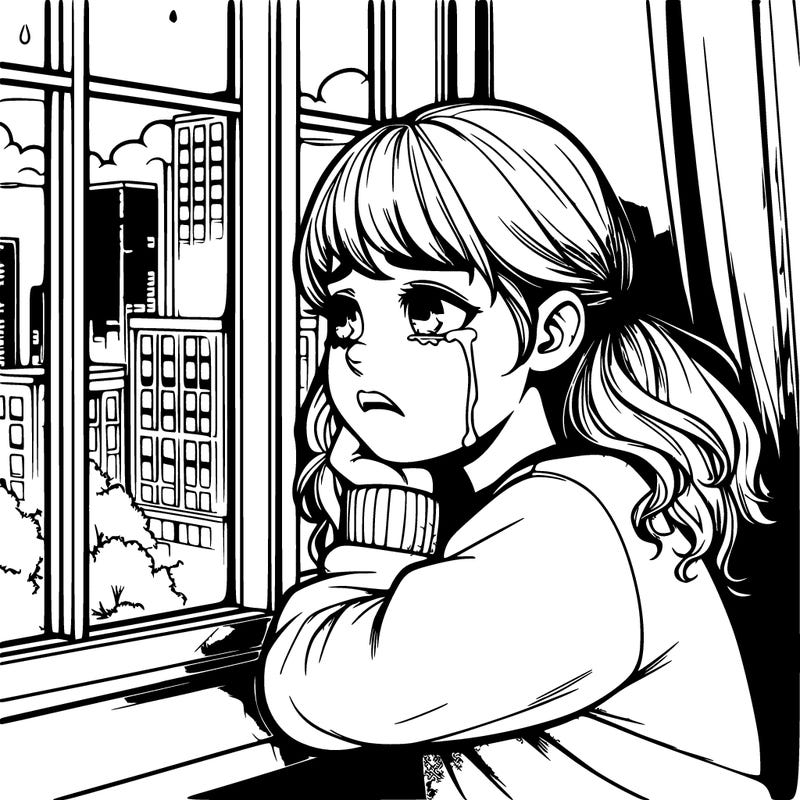 realistic girl crying looking out a window