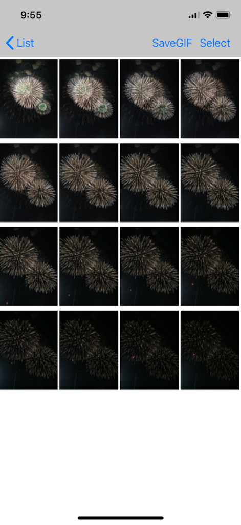FireWorksBld - A grid display of consecutive firework burst photos within the FireWorksBld app for selecting frames to create GIFs or composite images.