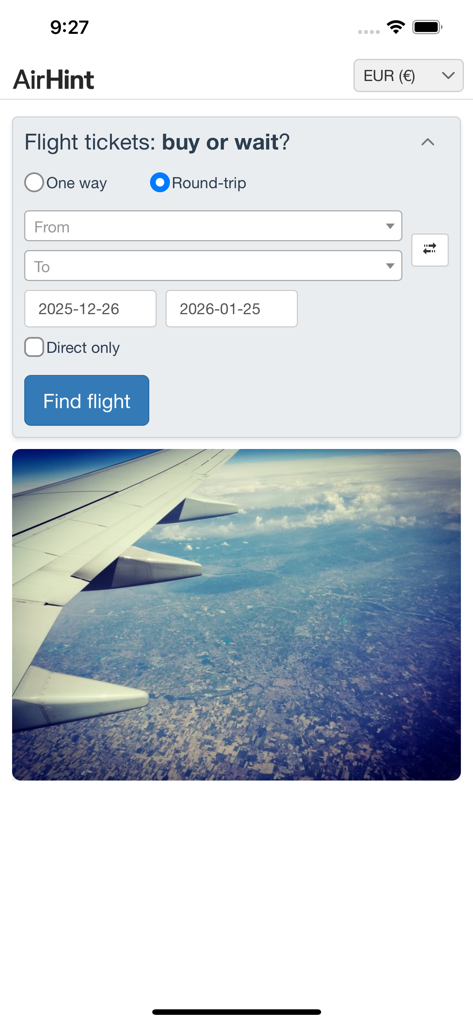 AirHint - AirHint flight search interface for price prediction showing ticket options and travel dates