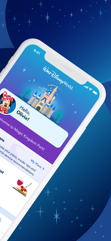 Tela de boas-vindas personalizada do aplicativo móvel My Disney Experience mostrando informações do parque Magic Kingdom