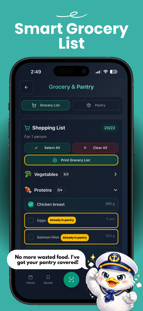 Meal Ark: AI Meal Planner - Meal Ark mobile app screenshot of the smart grocery list and pantry management feature featuring Captain Gus