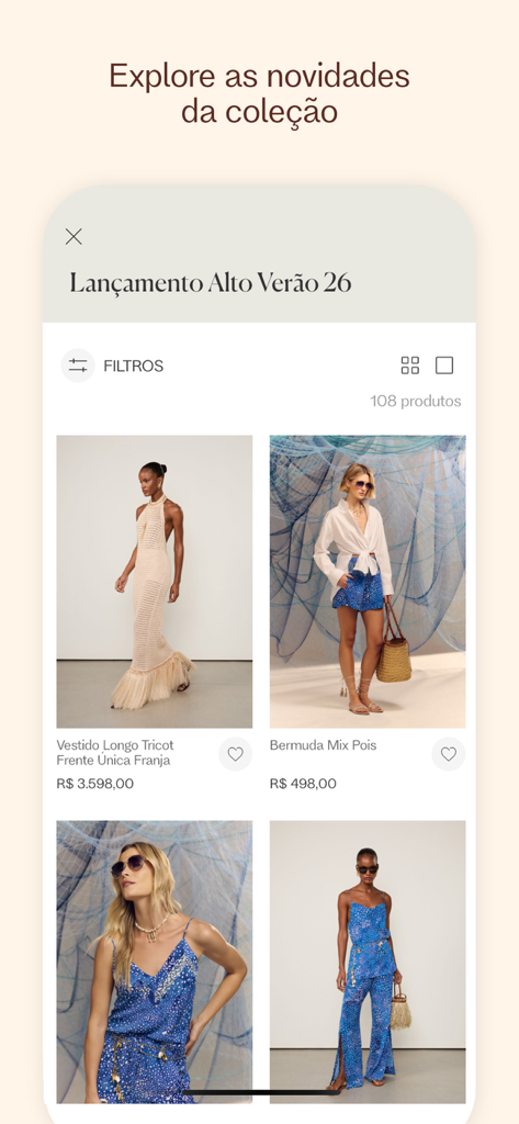 Animale - Moda Feminina - Interface do aplicativo Animale exibindo um catálogo de coleção de moda de verão feminina premium