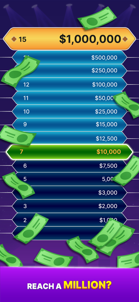 Millionaire Quiz: Trivia Games - Millionaire Quiz game screen showing the prize money ladder and the goal to reach one million dollars