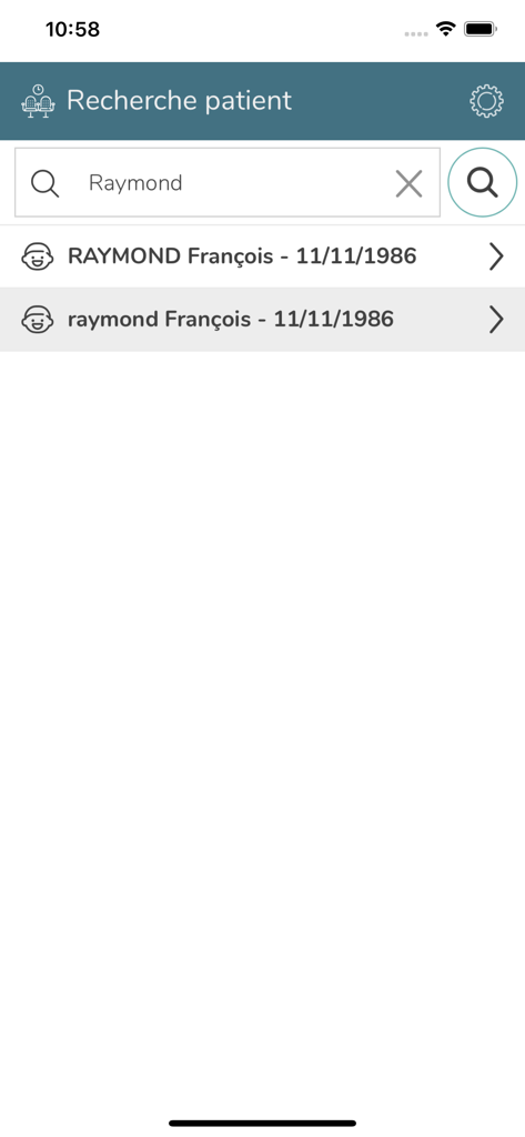 Dental Scan - Interface of Dental Scan app displaying patient search results for a dental practice