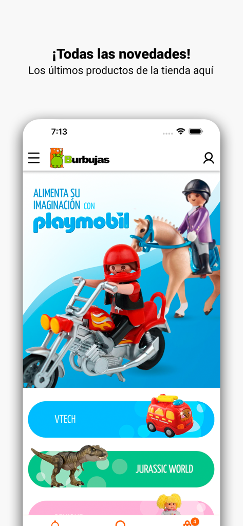 Burbujastoys - Mobile app home screen for Burbujas toys showcasing Playmobil brand banner and toy categories like Vtech and Jurassic World.