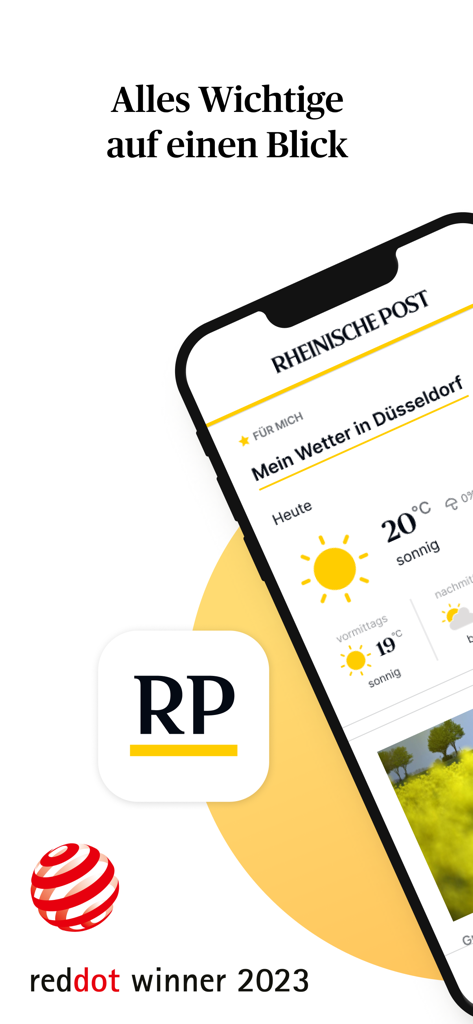 Rheinische Post news app interface displaying local weather for Dusseldorf and the Red Dot 2023 award logo.