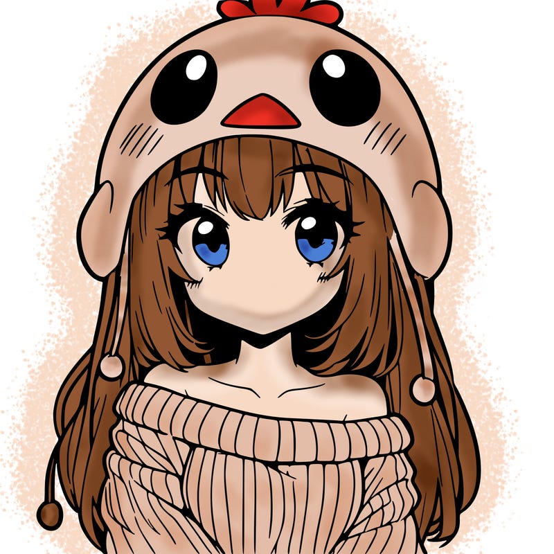 anime girl with chick shaped hat with sweater with bare shoulders with bangs covering them one eye with low tail