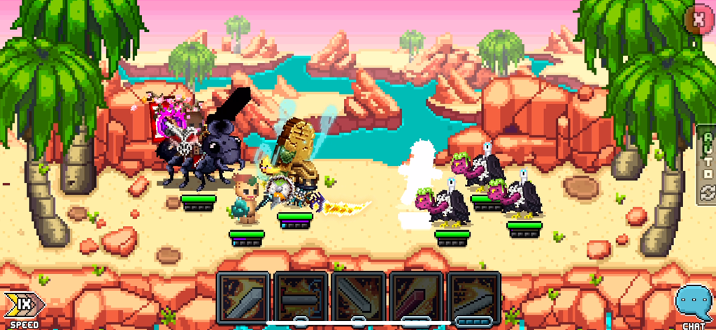Pixel art turn based battle on a beach in Bit Heroes Quest