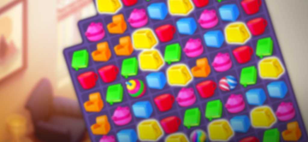 Roomflip: Design TV Show Game - Colorful match-3 puzzle board featuring home decor icons like chairs and lamps from the Roomflip design game.