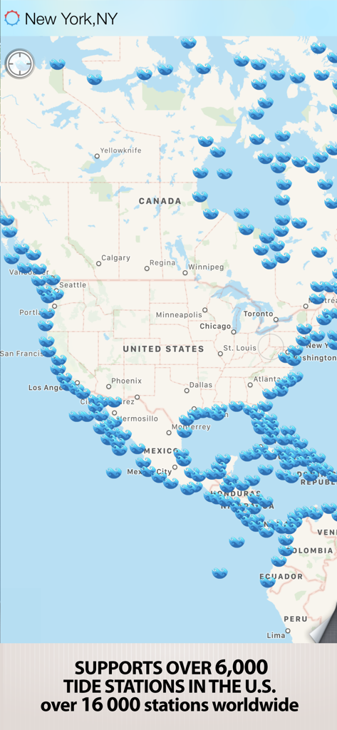 A map showing thousands of tide stations across North America and worldwide.