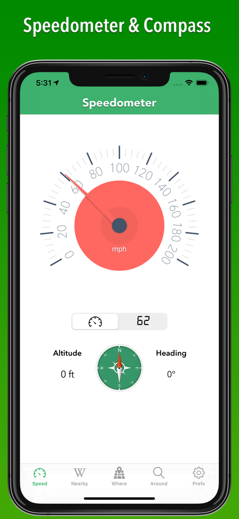 Ecrã da aplicação Onde Estou a mostrar as funcionalidades de velocímetro e bússola