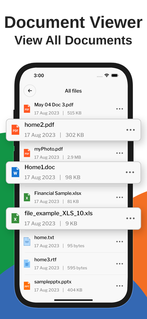 All Document Reader PDF Reader - iPhone screen showing a list of PDF Word Excel and PowerPoint files in the All Document Reader app