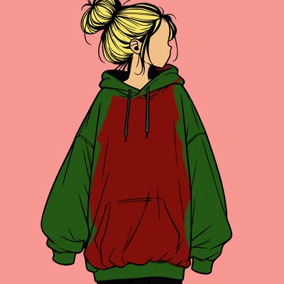 realistic girl with a oversized sweatshirt on and a bun