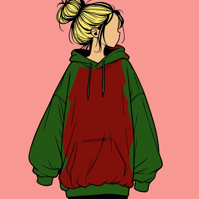 realistic girl with a oversized sweatshirt on and a bun