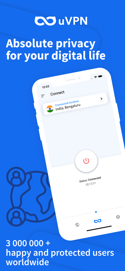 uVPN: Super Fast Secure VPN - Interface de l'application mobile uVPN montrant le statut de connexion sécurisée et les fonctionnalités de confidentialité sur un iPhone.