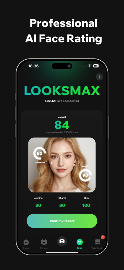 AnimalFace - looksmax ai score - AnimalFace app interface showing a professional AI face rating with a woman's face scan and specific scores for jawline, charm, and skin.