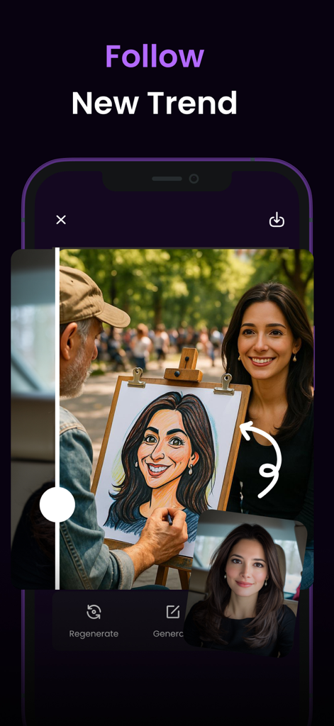 AI Fantasy- AI Image Generator - A real photo of a woman being transformed into a stylized cartoon caricature on an artist's easel using the AI Fantasy app