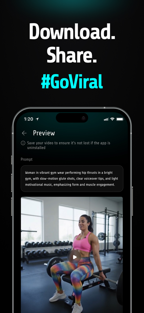 AI Text to VidEO Generator・Q3 - Pantalla de vista previa del generador de vídeo IA que muestra un vídeo de fitness creado a partir de un prompt de texto