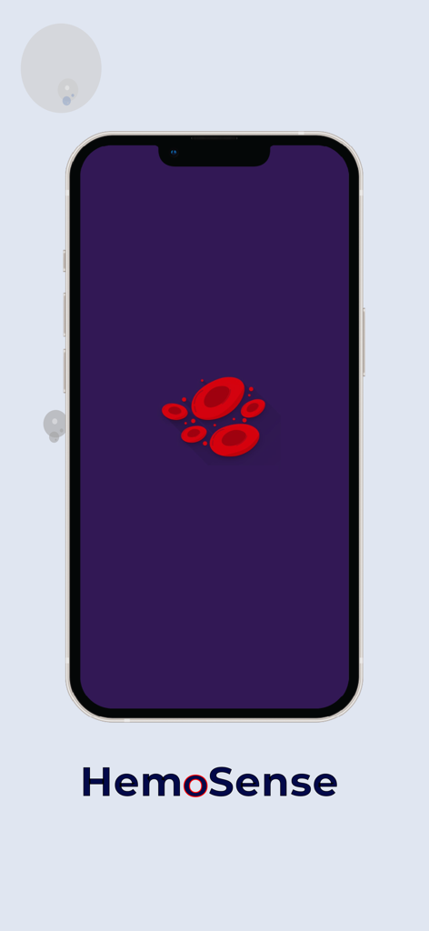 Hemosense - Smartphone displaying the Hemosense app splash screen with red blood cell graphics and logo.