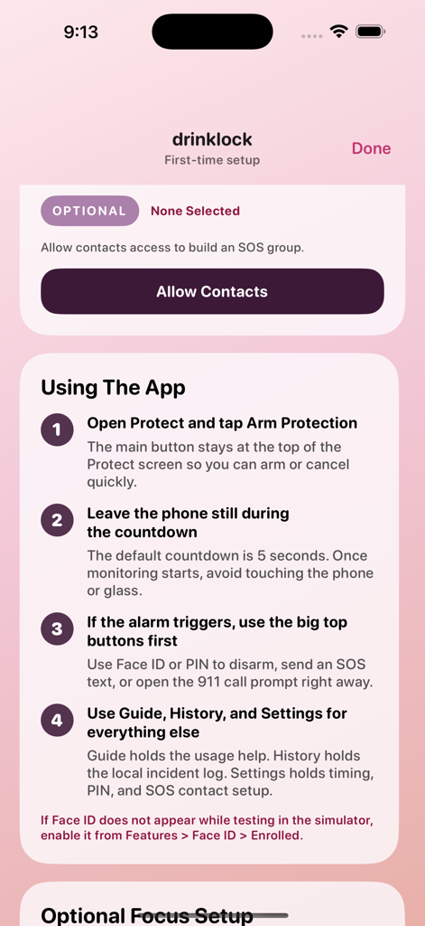 DrinkLock - Instructions for the first time setup of the DrinkLock safety app showing how to arm protection and set up SOS contacts
