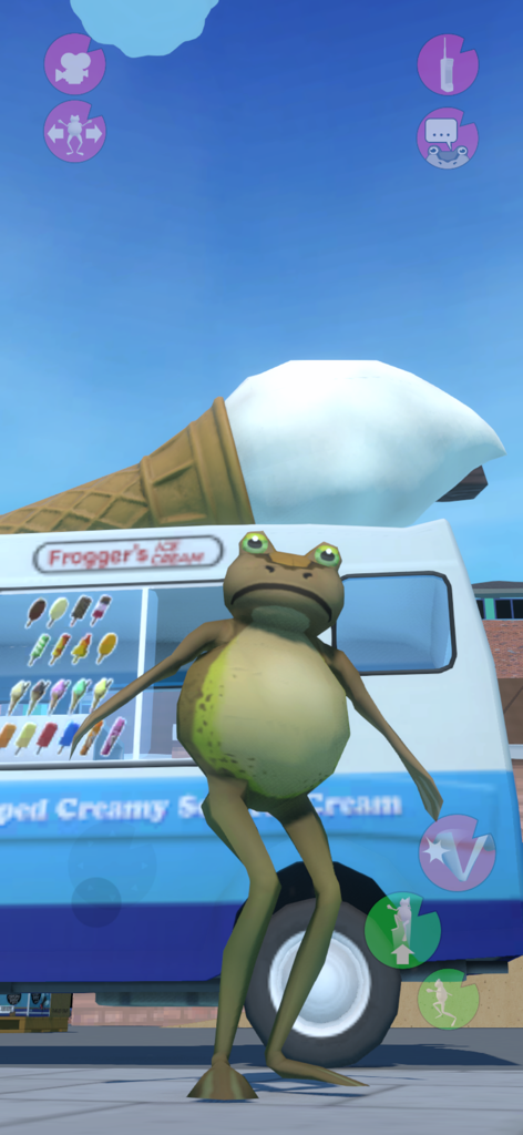 Amazing Frog? - A green frog character standing in front of an ice cream truck in an open world sandbox game.