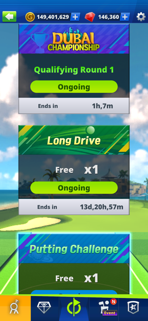 Golf Impact - Real Golf Game - Golf Impact mobile game menu showing Dubai Championship and Long Drive challenge events