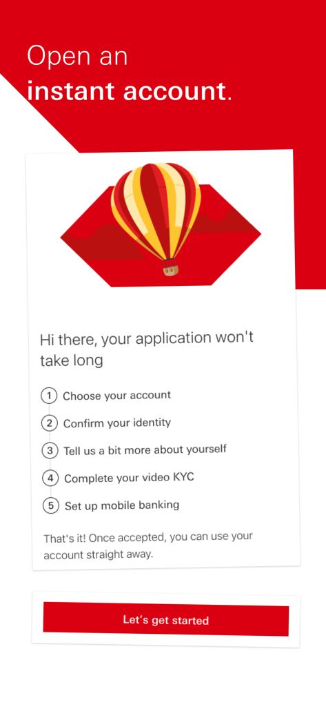 Écran de l'application mobile HSBC Inde montrant les cinq étapes pour ouvrir un compte bancaire instantané, y compris la vérification d'identité vidéo