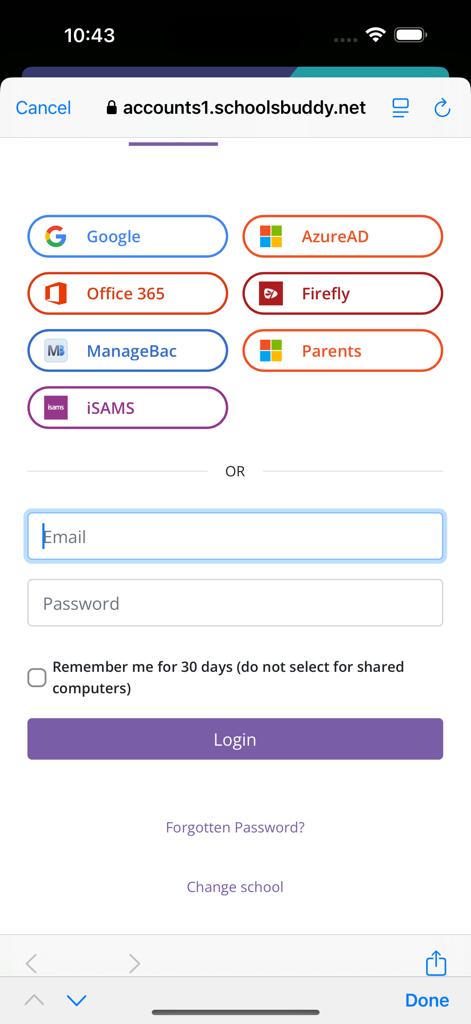 SchoolsBuddy 2.0 - Pantalla de inicio de sesión de SchoolsBuddy 2.0 que muestra varias opciones de inicio de sesión único y campos de inicio de sesión manual