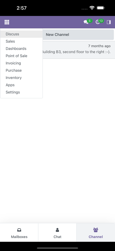 Odoo Mobile App Wrapper - Interfaccia di Odoo Mobile App Wrapper che mostra il menu di navigazione con moduli aziendali come Vendite e Inventario.