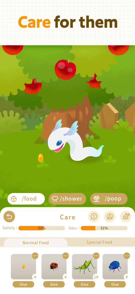 Livly Island - Adopt Cute Pets - Livly Island mobile app screenshot showing a white virtual pet on a grassy island with options to feed, shower, and collect poop.