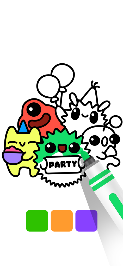 Coloring Book ASMR Drawing - A digital coloring book screen showing cute doodle characters being colored with a green marker