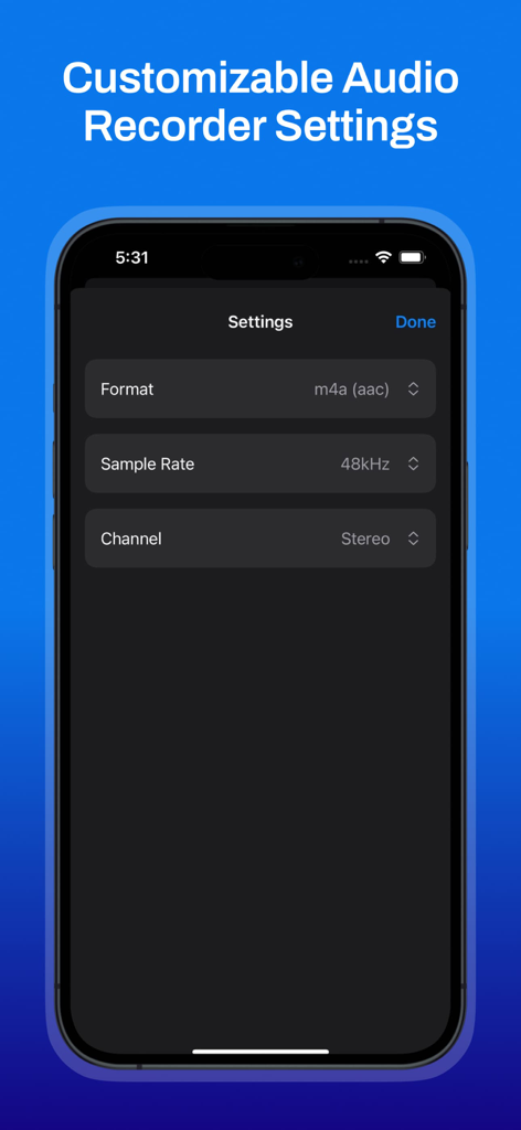 Interface showing customizable audio recorder settings for format sample rate and channel on a smartphone