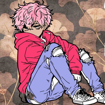 a male hoddie ripped jeans messy hair anime