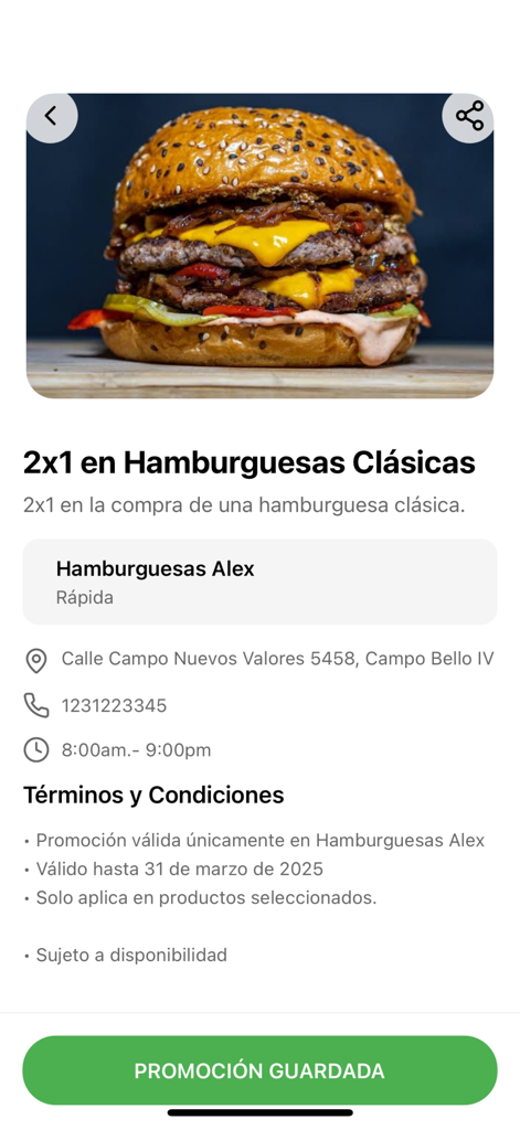 Panzon To Go - Interfaz de la aplicación Panzon To Go que muestra una promoción de hamburguesa clásica 2x1 en Hamburguesas Alex en Chihuahua.