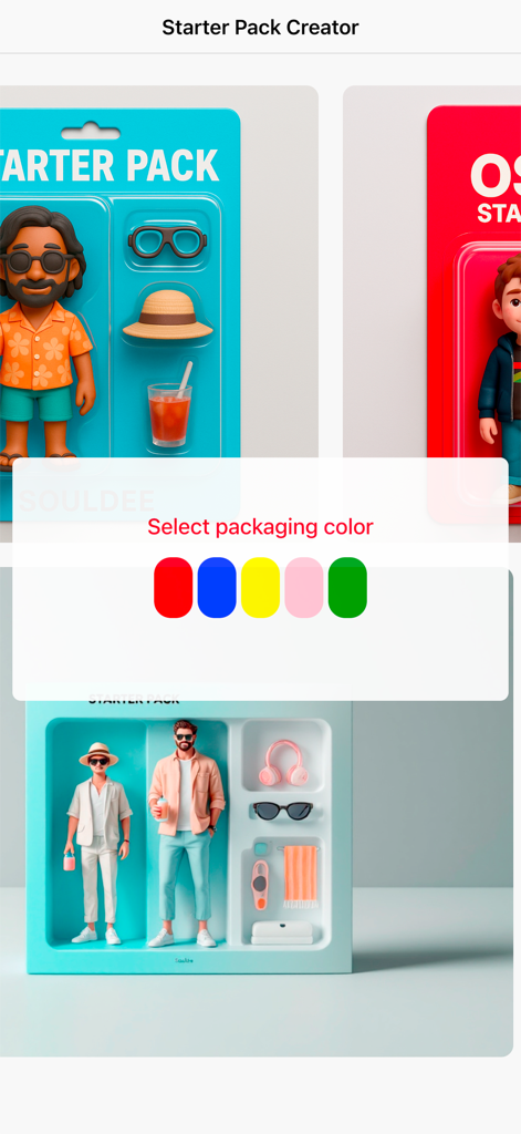 Interface for choosing the packaging color in the Starter Pack AI Creator app.