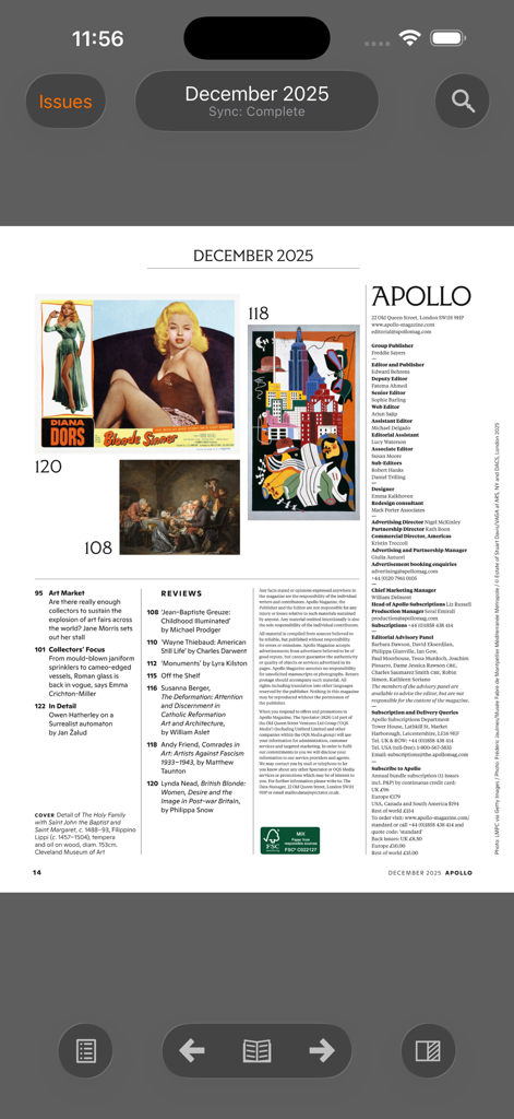 Apollo - Legacy app - A screenshot of the Apollo Legacy app displaying the December 2025 issue table of contents and art reviews.