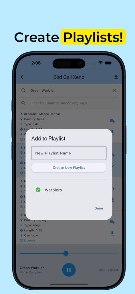 Bird Call Xeno - Bird Songs - Una interfaz móvil para crear y gestionar listas de reproducción personalizadas de cantos de aves en la aplicación Canto de Aves Xeno.