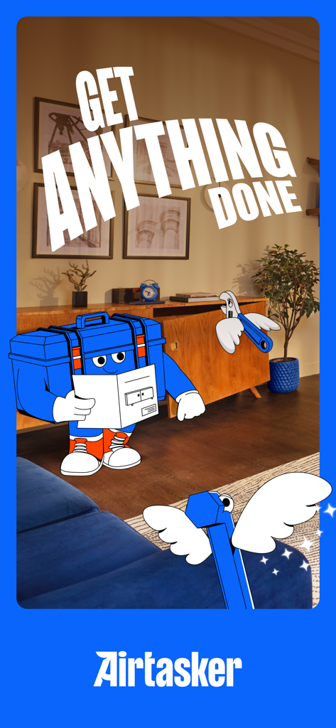 Airtasker app promotional screen featuring cartoon tool characters and the text Get Anything Done.