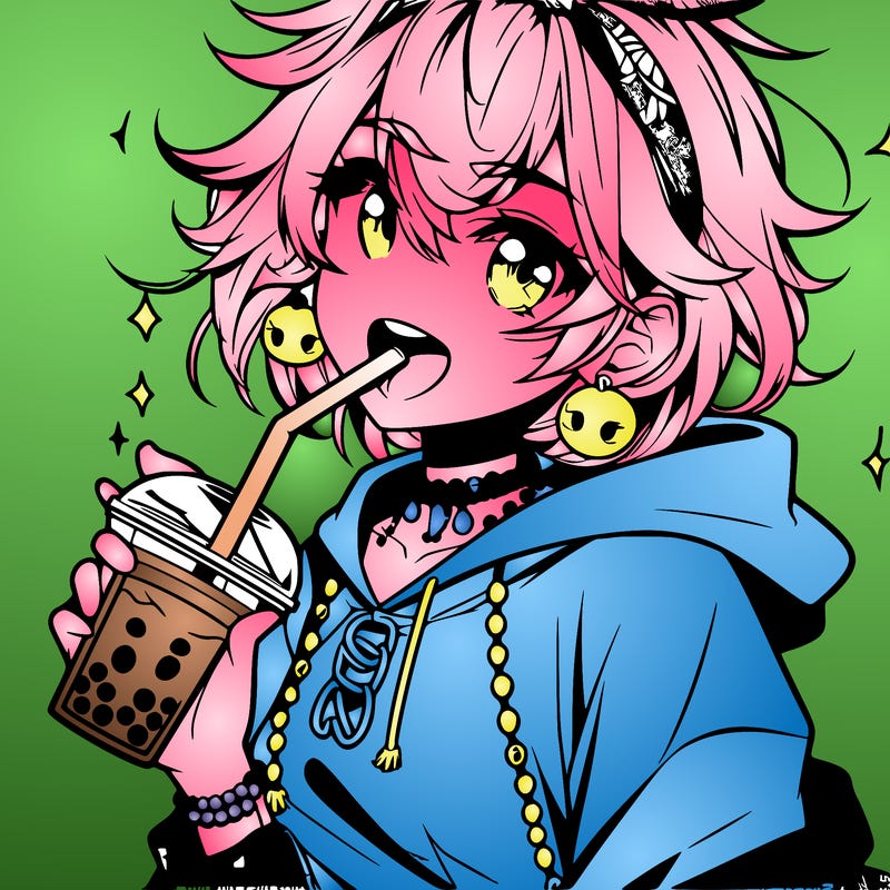 hot baddie anime girl drinking boba and biting the straw