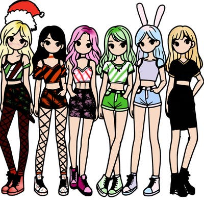 a group of girls wearing crop tops and shorts