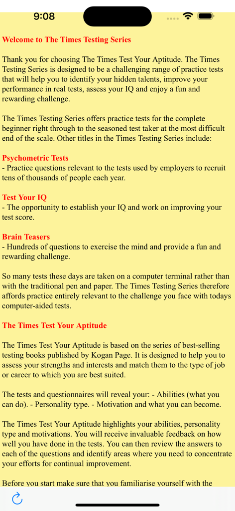 Test Your Aptitude - Welcome screen of the Test Your Aptitude app detailing features like psychometric tests and IQ assessments