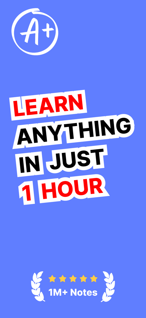 Feynman AI app promotional screen featuring the text Learn Anything in Just 1 Hour with an A plus grade symbol