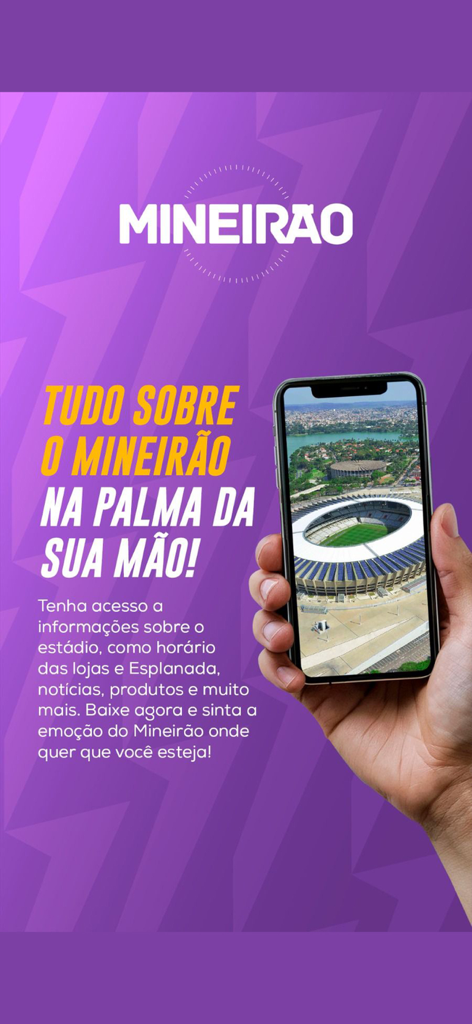 App Mineirão - Hand holding a smartphone showing an aerial view of the Mineirao stadium with promotional text in Portuguese