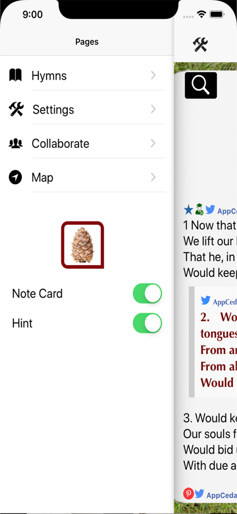 Hymn Book - The navigation menu and settings interface of the Hymn Book app.