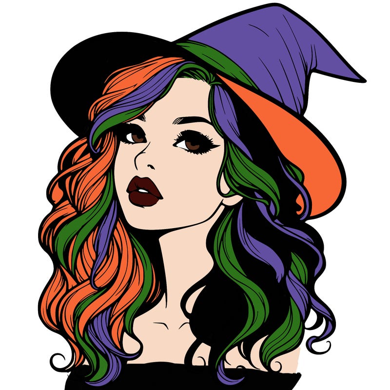 realistic witch girl with wavy hair and lips